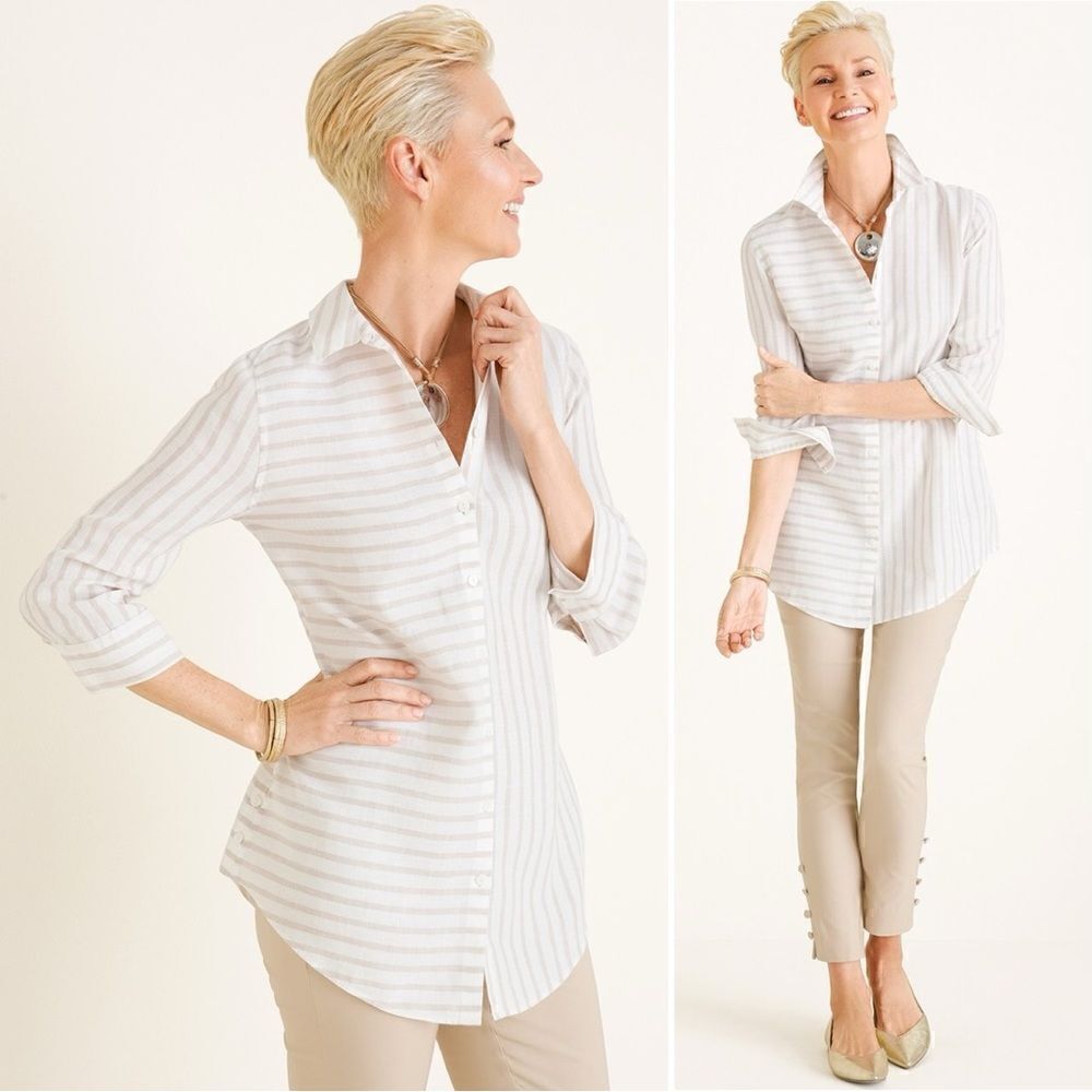 Chico’s 100% Linen No Iron Striped Button Down Tunic Top, Sz Large